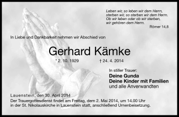 Traueranzeige von Gerhard Kämke von Neue Presse Coburg