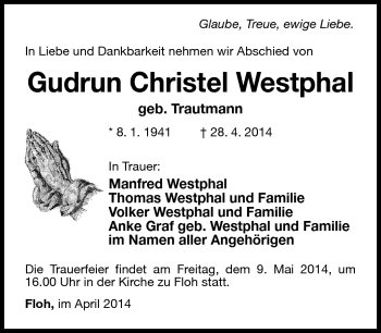Traueranzeige von Gudrun Christel Westphal von Südthüringer Presse