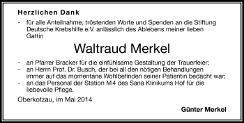 Traueranzeige von Waltraud Merkel von Frankenpost