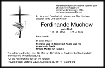Traueranzeige von Ferdinande Muchow von Frankenpost