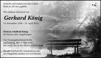 Traueranzeige von Gerhard König von Südthüringer Presse