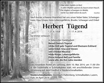 Traueranzeige von Herbert Tügend von Südthüringer Presse
