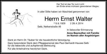 Traueranzeige von Ernst Walter von Frankenpost