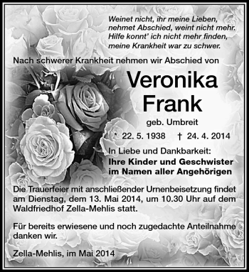 Traueranzeige von Veronika Frank von Südthüringer Presse