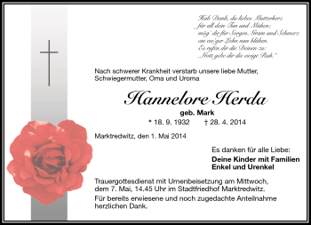 Traueranzeige von Hannelore Herda von Frankenpost