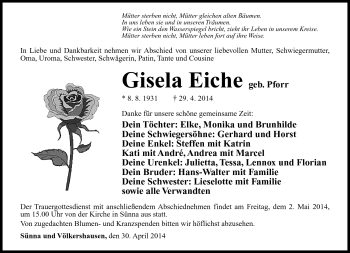 Traueranzeige von Gisela Eiche von Südthüringer Presse
