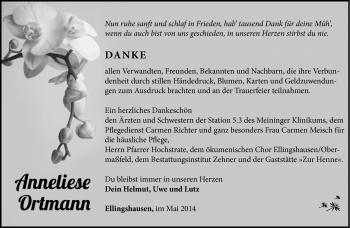 Traueranzeige von Anneliese Ortmann von Südthüringer Presse