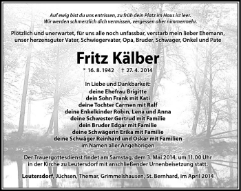 Traueranzeige von Fritz Kälber von Südthüringer Presse