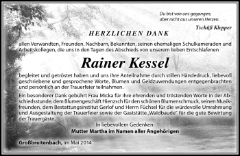 Traueranzeige von Rainer Kessel von Südthüringer Presse