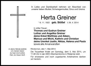Traueranzeige von Herta Greiner von Neue Presse Coburg