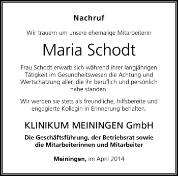Traueranzeige von Maria Schodt von Südthüringer Presse