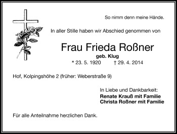 Traueranzeige von Frieda Roßner von Frankenpost