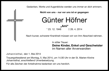 Traueranzeige von Günter Höfner von Neue Presse Coburg