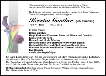 Traueranzeige von Kerstin Günther von Südthüringer Presse