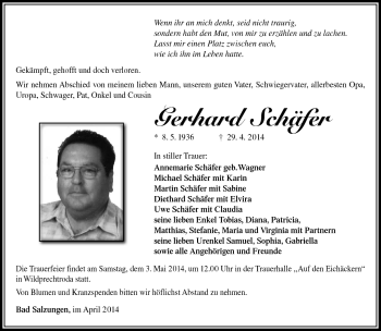 Traueranzeige von Gerhard Schäfer von Südthüringer Presse