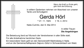 Traueranzeige von Gerda Hörl von Frankenpost