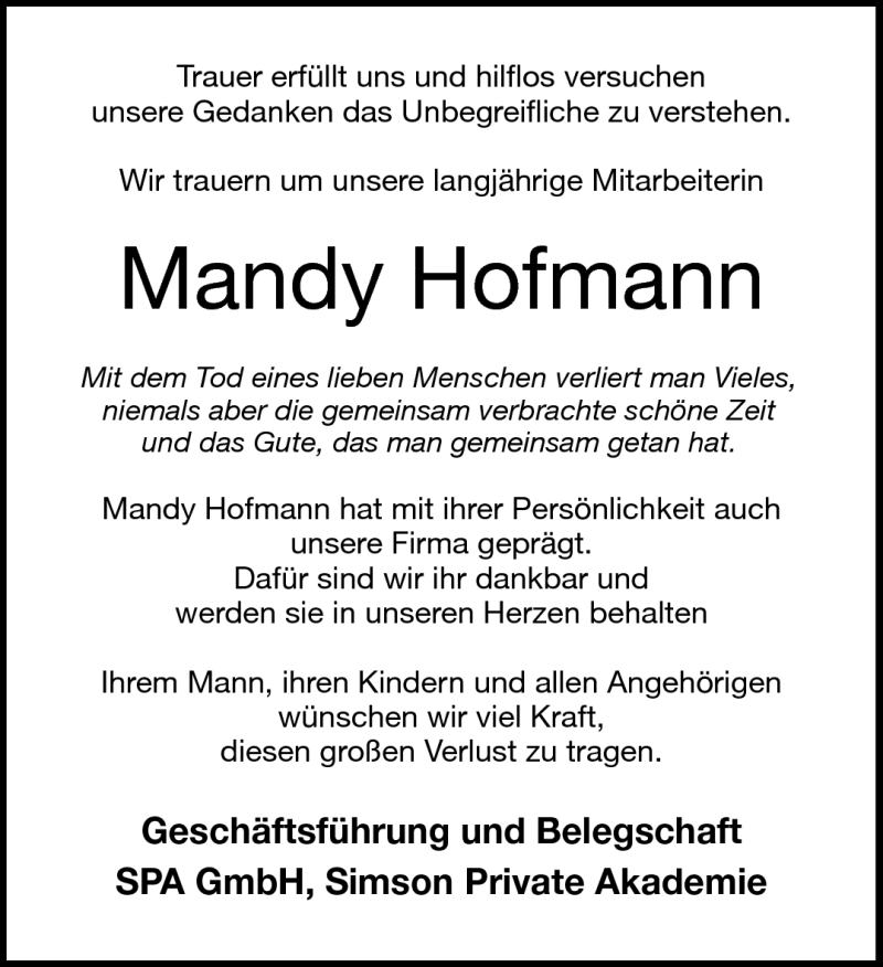  Traueranzeige für Mandy Hofmann vom 03.05.2014 aus Südthüringer Presse
