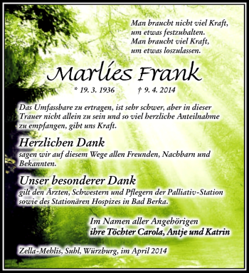 Traueranzeige von Marlies Frank von Südthüringer Presse