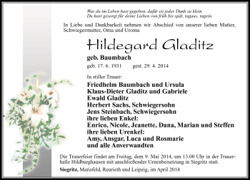Traueranzeige von Hildegard Gladitz von Südthüringer Presse