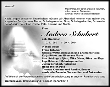Traueranzeige von Andrea Schubert von Südthüringer Presse