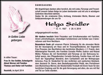 Traueranzeige von Helga Seidler von Südthüringer Presse