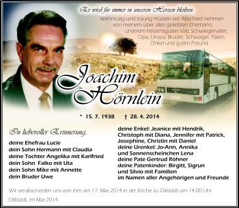 Traueranzeige von Joachim Hörnlein von Südthüringer Presse