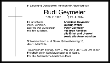 Traueranzeige von Rudi Geymeier von Frankenpost
