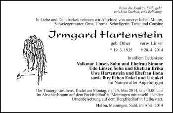 Traueranzeige von Irmgard Hartenstein von Südthüringer Presse