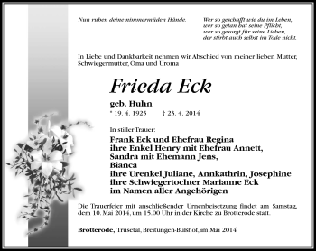 Traueranzeige von Frieda Eck von Südthüringer Presse