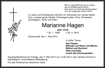 Traueranzeige von Marianne Hagen von Frankenpost