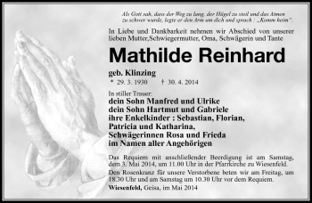 Traueranzeige von Mathilde Reinhard von Südthüringer Presse