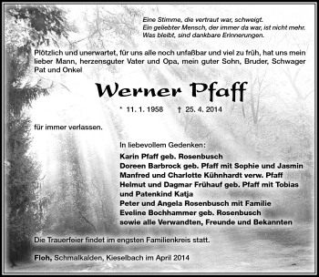 Traueranzeige von Werner Pfaff von Südthüringer Presse