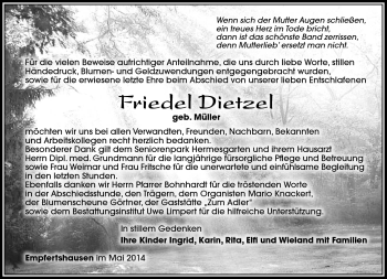 Traueranzeige von Friedel Dietzel von Südthüringer Presse