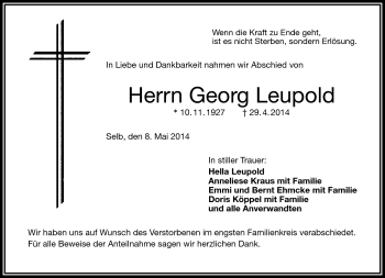 Traueranzeige von Georg Leupold von Frankenpost