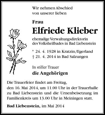 Traueranzeige von Elfriede Klieber von Südthüringer Presse