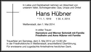 Traueranzeige von Hans Hübner von Frankenpost