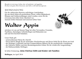 Traueranzeige von Walter Appis von Südthüringer Presse