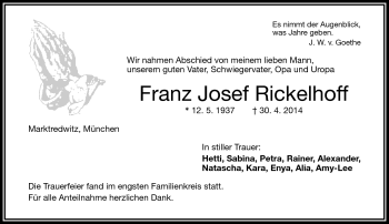 Traueranzeige von Franz Josef Rickelhoff von Frankenpost