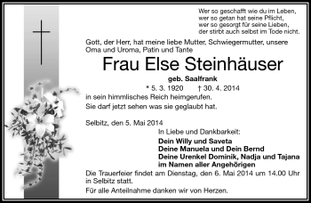 Traueranzeige von Else Steinhäuser von Frankenpost
