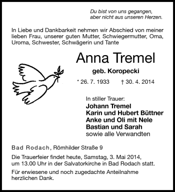 Traueranzeige von Anna Tremel von Neue Presse Coburg