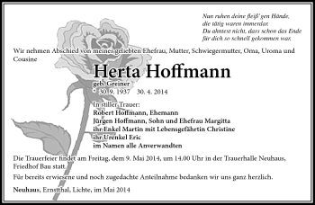 Traueranzeige von Herta Hoffmann von Südthüringer Presse