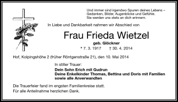 Traueranzeige von Frieda Wietzel von Frankenpost