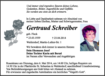 Traueranzeige von Gertraud Schreiber von Frankenpost