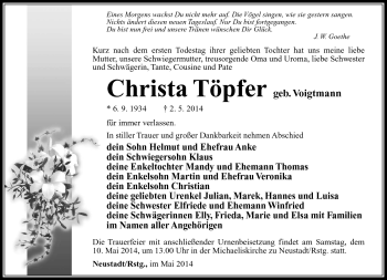 Traueranzeige von Christa Töpfer von Südthüringer Presse