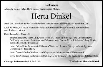 Traueranzeige von Herta Dinkel von Neue Presse Coburg