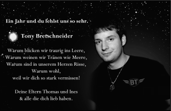 Traueranzeige von Tony Bretschneider von Südthüringer Presse