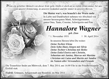 Traueranzeige von Hannalore Wagner von Südthüringer Presse