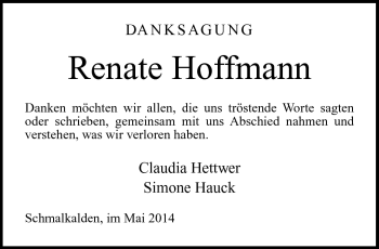 Traueranzeige von Renate Hoffmann von Südthüringer Presse