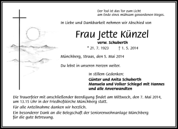 Traueranzeige von Jette Künzel von Frankenpost