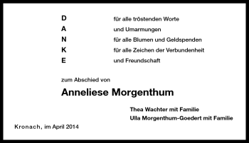 Traueranzeige von Anneliese Morgenthum von Neue Presse Coburg